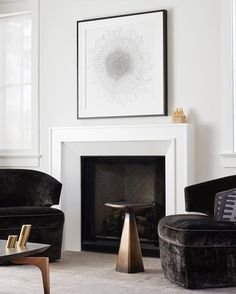 a living room filled with furniture and a fire place in front of a painting on the wall