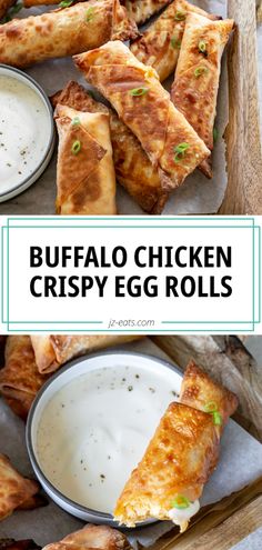 buffalo chicken crispy egg rolls with ranch dip and sour cream sauce on the side