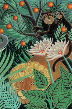 an image of monkeys in the jungle with oranges on trees and leaves around them