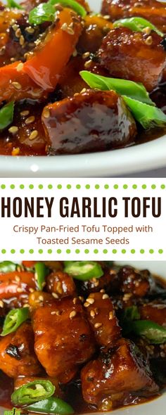 honey garlic tofu in a white bowl with green peppers and sesame seeds