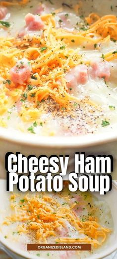 cheesy ham potato soup in a white bowl with the title overlay reading cheesy ham potato soup