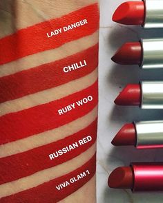 Different Shades Of Red Lipstick, Mac Red Lipstick Shades, Which Red Lipstick For My Skin Tone, Cool Toned Red Lipstick, Shades Of Red Lipstick, Mac Swatches, Mac Lipstick Ruby Woo, Red Lipstick Swatches, Mac Chili Lipstick