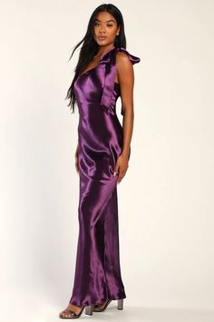 Dresses for Women | Best Women's Dresses Online - Lulus Purple Satin Sleeveless Maxi Dress, Sleeveless Purple Satin Maxi Dress, Purple Sleeveless Satin Gown, Purple Satin Evening Dress, Purple Satin Party Gown, Purple Satin Gown For Party, Fitted Purple Satin Prom Dress, Fitted Purple Satin Dress For Prom, Ruffled Satin Maxi Dress For Evening