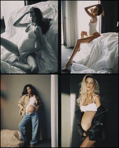 four different pictures of a woman laying on a bed