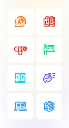 six different colored icons on a white background