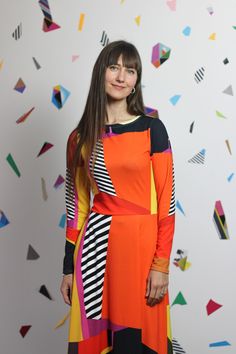 CITRINE DRESS  The original abstract print design on the dress is created by a professional artist. Colourful abstract print dress with geometrical elements, with long sleeves. Be unique. Be outstanding. Be authentic. Bright and lively colors have the power to uplift mood and instill a sense of joy. Wearing a vibrant color dress can evoke feelings of happiness and positivity, brightening not only the wearer's day but also those around her. The dress showcases an original abstract print design, w Long Sleeve Dresses With Abstract Print For Party, Long Sleeve Multicolor Print Party Dress, Multicolor Abstract Print Party Dress, Party Dresses In Multicolor Abstract Print, Multicolor Long Sleeve Dress With Geometric Pattern, Long Sleeve Multicolor Dress With Geometric Pattern, Party Dress With Multicolor Abstract Print, Long Sleeve Party Dress With Vibrant Print, Multicolor Geometric Pattern Dresses For Spring