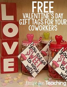 valentine's day gift tags for coworkers are displayed in jars with candy