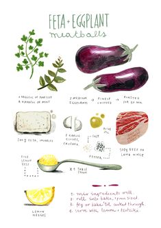 an illustration of eggplant and other ingredients on a sheet of paper with the words,