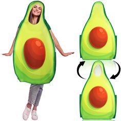 a woman wearing an avocado costume standing in front of the camera with her hands out