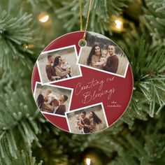 a christmas ornament hanging on a tree with four photos in the center and words saying, caring our bleedings