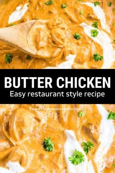 butter chicken recipe in a pan with broccoli and sour cream