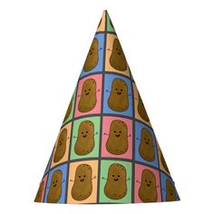 a party hat that has different images of dogs in squares on the front and sides