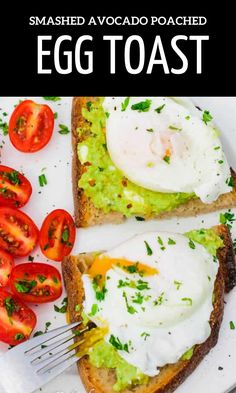 toast topped with avocado, poached egg and tomatoes on a white plate