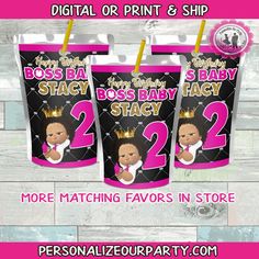 two personalized birthday party bags with the name boss baby and number 2 on them