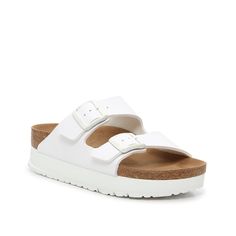 Birkenstock-Papillio by Birkenstock Arizona Platform Slide Sandal - Women's Slide into your new go-to this warm weather season with the Arizona platform slide sandal from Papillio by Birkenstock. This pair features the comfort you know and love from the brand, now with a chunky platform for a trendy finish to your look. White Synthetic Footbed Sandals With Buckle Closure, White Synthetic Footbed Sandals, Comfortable White Footbed Sandals With Round Toe, Comfortable White Round Toe Footbed Sandals, Comfortable White Sandals With Cork-bed Midsoles, White Flat Footbed Sandals With Removable Insole, White Flat Leather Footbed Sandals, Comfortable White Synthetic Footbed Sandals, White Footbed Sandals With Textured Footbed