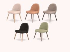 four different colored chairs with wooden legs and one is black, white, green, beige, and grey