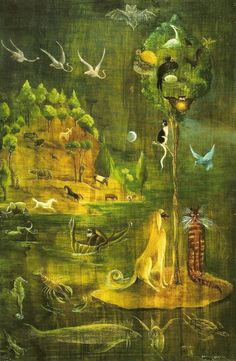 a painting with animals and birds flying around the tree in front of it, on a green background