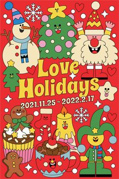 the poster for love holidays 2012 - 2013 is shown in red, green and yellow