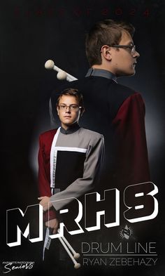 the poster for mrh3 drumline featuring two young men in costumes with instruments