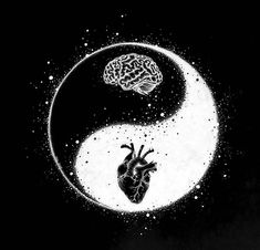 a drawing of a heart in the middle of a yin - yang symbol with a brain on it