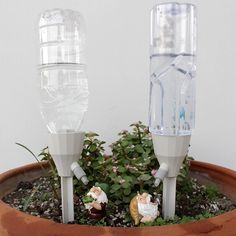 two plastic water bottles sitting on top of a planter filled with rocks and plants