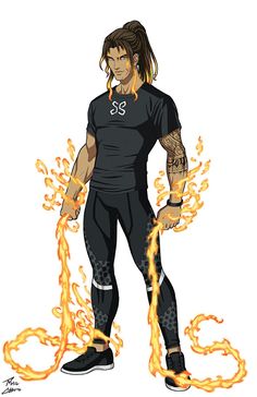 a drawing of a man with long hair standing in front of fire and holding his hands behind his back