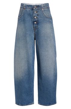 Galliano channels '90s looks in these nonstretch-denim jeans crafted with voluminous legs and an exposed button fly. Exposed button fly Five-pocket style 100% cotton Machine wash, dry flat Imported Designer Clothing Baggy Wide Leg Jeans With Button Closure, Baggy Denim Jeans With Buttons, Relaxed Fit Wide Leg Jeans With Buttons, Denim Blue Wide Leg Cropped Jeans With Button Closure, Balloon Leg Jeans, School Wear, Jean Crafts, 90s Looks, Blue Fits