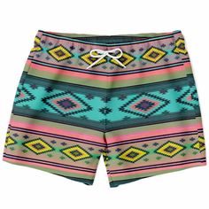 Funky Shaman Neon Pink Azure | Native American Swim Shorts 21 Days, Stay Cool, Drawstring Waistband, Swim Trunks, Above The Knee, Swim Shorts, Neon Pink, Hand Sewn, The Knee