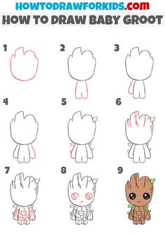 how to draw baby groot from the avengers movie step by step instructions for kids