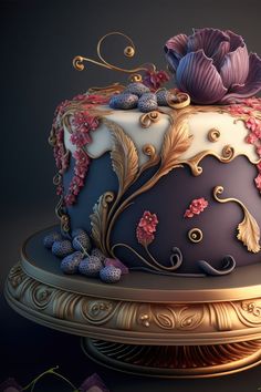 a blue and white cake with purple flowers on it's top, sitting on a gold plate