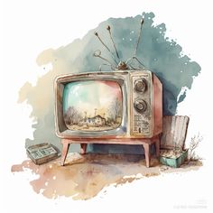 an old fashioned television sitting on top of a wooden stand next to a remote control