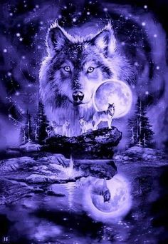 a wolf is looking at the moon in the night sky with trees and water below it