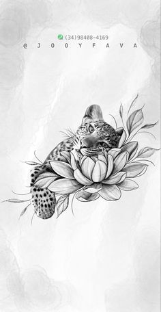 a black and white drawing of a cat sitting on top of a flower