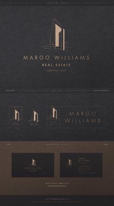 the logo for marco williams real estate is shown in black and gold colors on a dark background