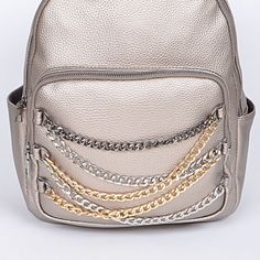 * Mid Size Backpack * 10.5w*13.75h*5.5d * Vegan Leather * With Adjustable Straps * The Front Of This Unique Backpack Has Decorated With 3 Tone Chains Unique Backpacks, Mid Size, Fashion Backpack, Vegan Leather, Adjustable Straps, Bag Lady, Backpacks, Chain, Leather