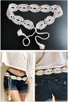 two pictures showing different ways to make crochet lace belts with beads and tassels