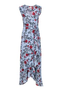 This Yumi Kim maxi dress is for making an unforgettable entrance. A blue wrap dress with a red floral print evokes a head-turning silhouette that'll make you the best dressed guest in a flash! So, slip it on for your next big event and be prepared to take center stage! Size XS 100% Polyester Fully lined Wrap closure Sleeveless Maxi length Bust 36" Waist 36" Shoulder to hem 56" Blue Flowy Maxi Wrap Dress, Floral Print Maxi Length Wrap Dress, Blue Maxi Length Wrap Dress For Spring, Blue Floral Print Maxi Wrap Dress, Fitted Floral Print Maxi Wrap Dress, Fitted Floral Print Maxi Length Wrap Dress, Chic Blue Floral Print Wrap Dress, Casual Blue Floral Print Wrap Dress, Blue Wrap Dress