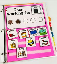 a pink book with pictures and words on the cover that says i am working for