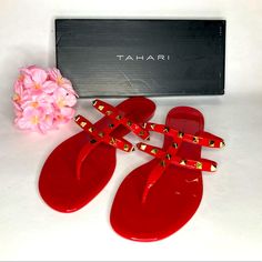 Brand New With Tags Tahari Jelly Rockstud Slide Sandals Red Pvc With Gold Rockstuds Sizes 6(No Box), 6.5, 7(Sold), 7.5, 8(No Box), 8.5(No Box) And 9 Are Available Bundle & Save! Red Jelly Sandals For Spring Party, Red Jelly Sandals For Summer Party, Tan Flat Flip Flops For Vacation, Trendy Red Synthetic Jelly Sandals, Red Jelly Sandals For Summer Beach, Red Toe Post Flip Flops For Vacation, Trendy Red Toe Post Sandals, Red Sandals For Beach Season Party, Trendy Red Flat Flip Flops