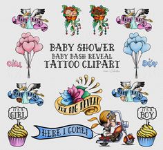 an assortment of tattoos and designs for children's birthdays, including cupcakes,