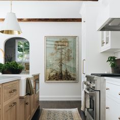 a kitchen with white walls and wooden cabinets, an art piece on the wall above the stove