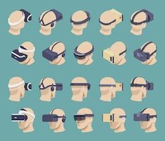 various views of virtual heads with glasses and headbands on the top, side view