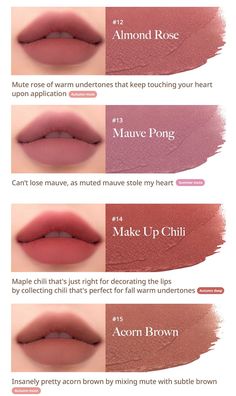 Dull Red Nails, Rose Brown Lipstick, Peripera Ink Mood Matte Tint, Cool Tone Lipstick Colors, Cool Tone Lipstick, Lip Shades For Brown Skin, Cool Toned Lipstick, Cool Tone Lip, Mauve Lipstick Makeup