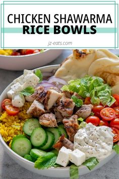 chicken shawarma rice bowls with cucumbers, tomatoes and lettuce