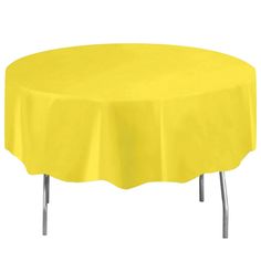 a round yellow table with metal legs