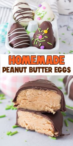 homemade peanut butter eggs with chocolate on top and in the background, there is an image of