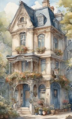 a painting of a house with flowers on the windows and balconies above it