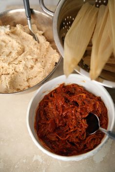 the food is being prepared and ready to be cooked in the pot on the counter