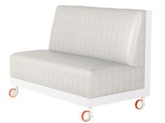 a white couch with orange wheels on the bottom and back end, sitting in front of a white background