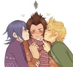 three people hugging each other while wearing sweaters